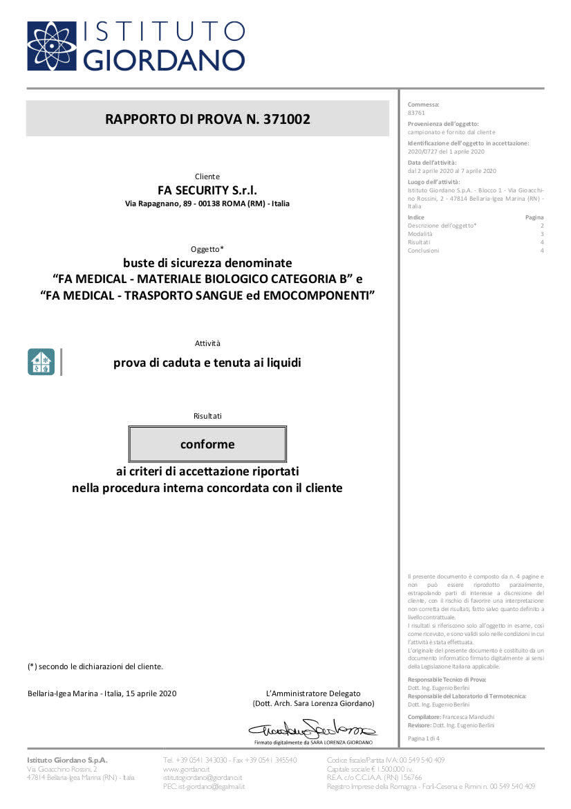 certificazione per la prova di caduta e tenuta ai liquidi